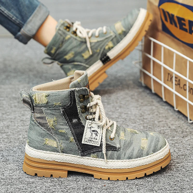 VOIDWEAR SIGNAL_VANISH_07 ☰ men’s black denim and leather ankle boots with lace-up closure, ankle strap, and ritual-inspired streetwear design