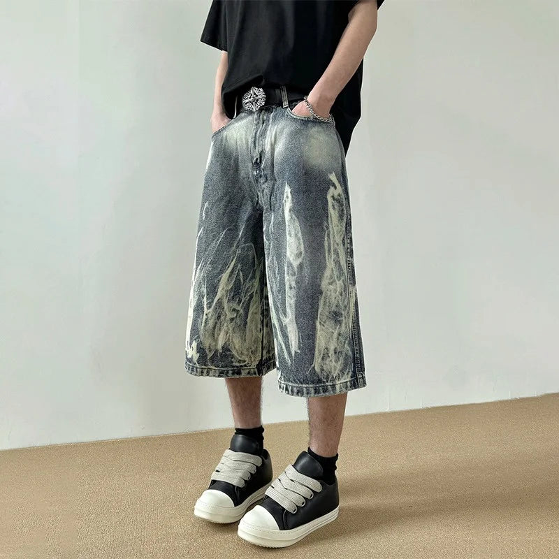 VOIDWEAR VDR_VANISH_08 Flare flame graphic baggy denim shorts, washed Y2K streetwear style, patch pockets, signal glyph