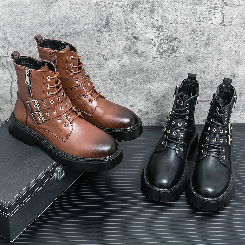 VOIDWEAR SIGNAL_VANISH_07 ☰ Shadow Strider Boots, split leather with EVA sole, winter streetwear for men. Brown and black leather boots with metal buckles on a textured surface.