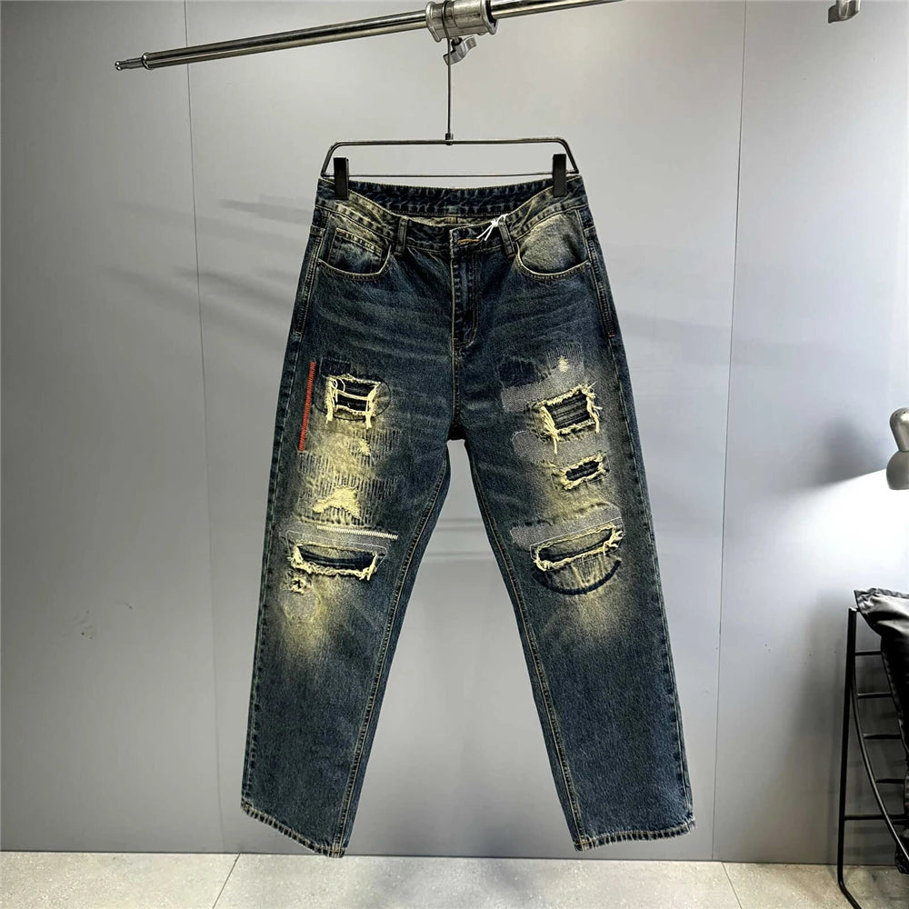 VOIDWEAR VDR_VANISH_05 ☰ baggy ripped patch jeans with distress wash, hip hop fit, ritual-coded glyph embroidery