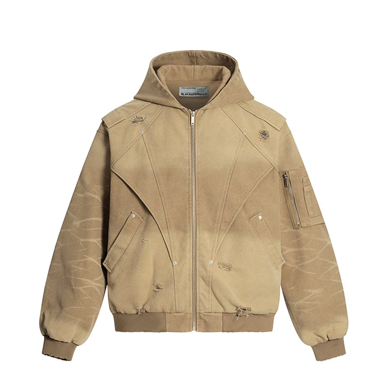 VOIDWEAR VDR_SIGNAL_07 ritual-coded autumn men’s jacket with washed worn-out finish, deconstruction holes, and sleeve glyph