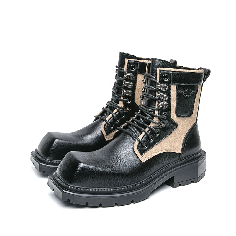 VDR_VANISH_05 punk motorcycle mid-calf boots in brown-black PU leather, styled for U.S. and EU urban streetwear. Black leather boots with beige accents on a white background