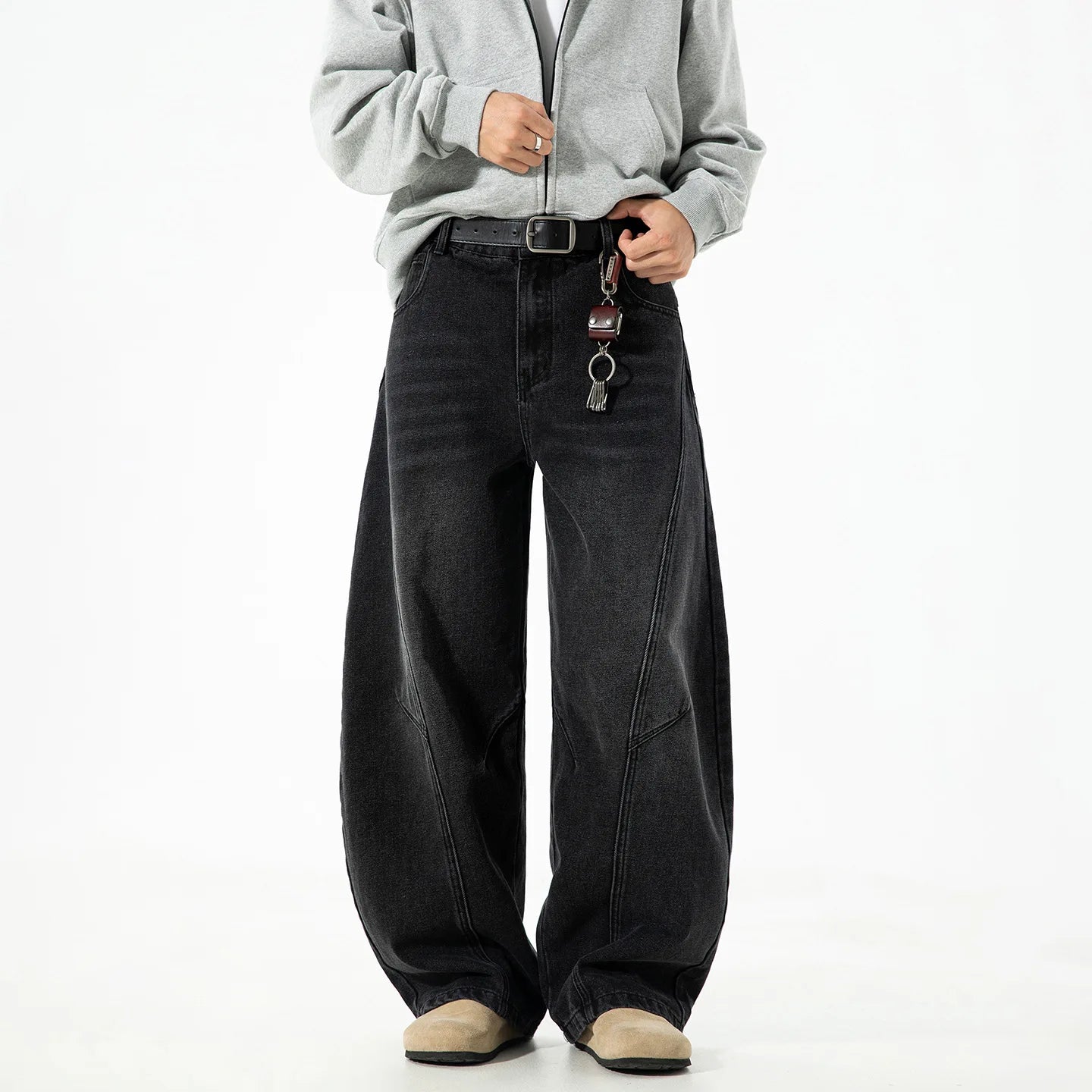 VOIDWEAR VDR_VANISH_SPLIT ☰ curved split distressed jeans, light wash, loose streetwear silhouette, coded glyph tab