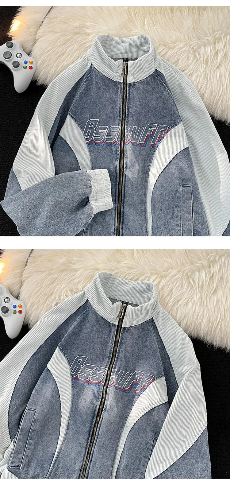 VOIDWEAR VDR_VANISH_PATCH ⚑ patchwork denim bomber jacket with glyph embroidery, worn-out texture, streetwear outerwear