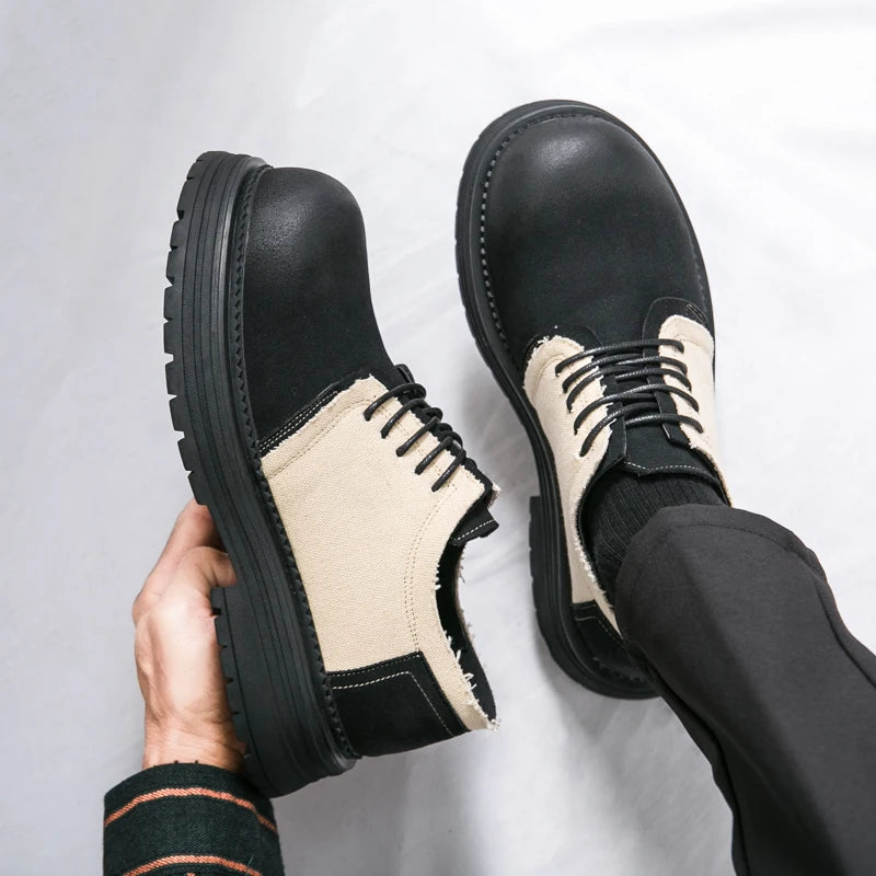 Black and beige shoes with a platform sole on a light gray background. VOIDWEAR SIGNAL_VANISH_06 ☰ Derby System Shoes in Oxford fabric with PU lining and rubber outsole, ritual-inspired hybrid streetwear footwear