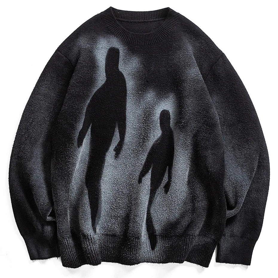 VDR_SHADOW_07 unisex shadow utility knit sweater EU streetwear fashion. Black sweater with silhouettes of people on a white background