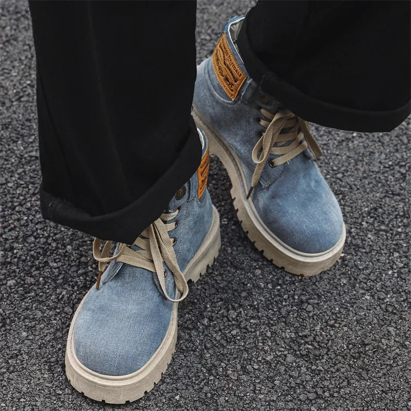 VOIDWEAR SIGNAL_VANISH_12 ☰ handmade men’s denim ankle boots with lace-up closure, pigskin insole, and shadow-coded streetwear design