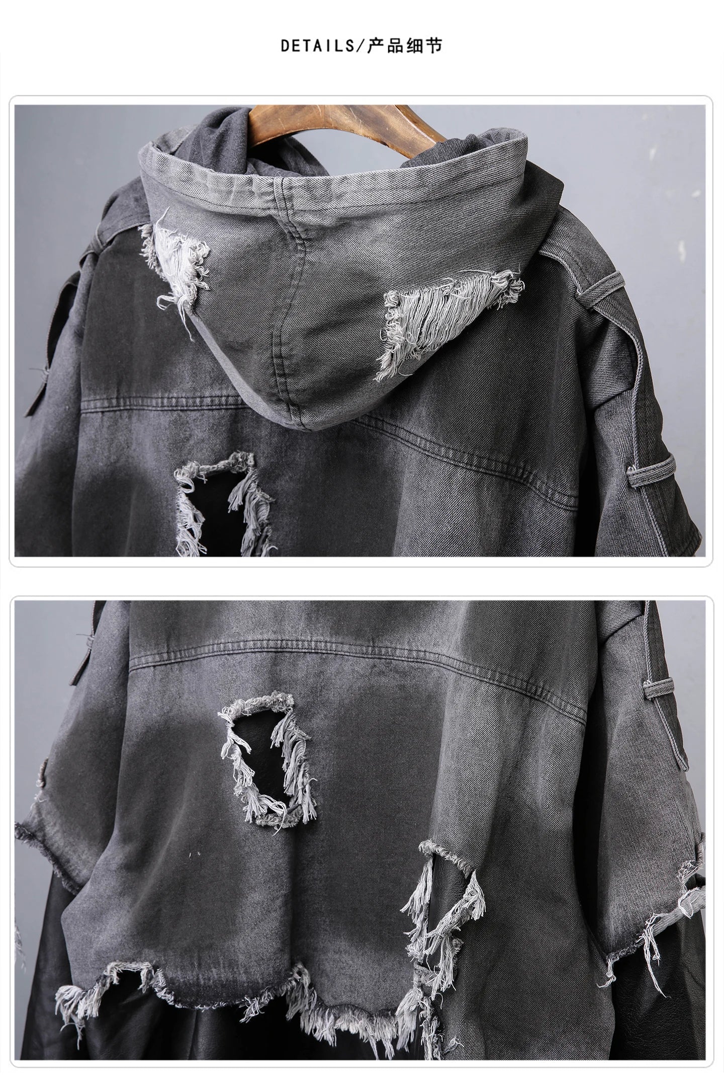 VOIDWEAR VDR_VANISH_05 jacket — ritual-inspired denim and PU leather techwear with vanish-mode hood and shadow-motion design