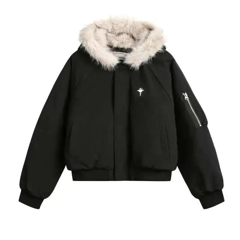 VOIDWEAR VDR_VANISH_05 brown padded fur hooded jacket, oversized unisex winter streetwear system, vanish mode ritual coat, U.S. & EU streetwear trend 2025. Black jacket with fur hood on a white background