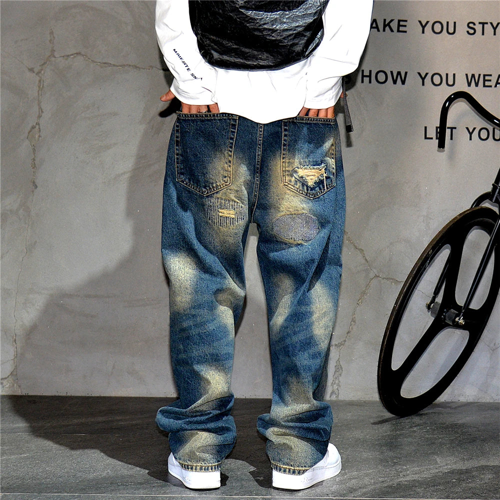 VOIDWEAR VDR_VANISH_05 ☰ baggy ripped patch jeans with distress wash, hip hop fit, ritual-coded glyph embroidery