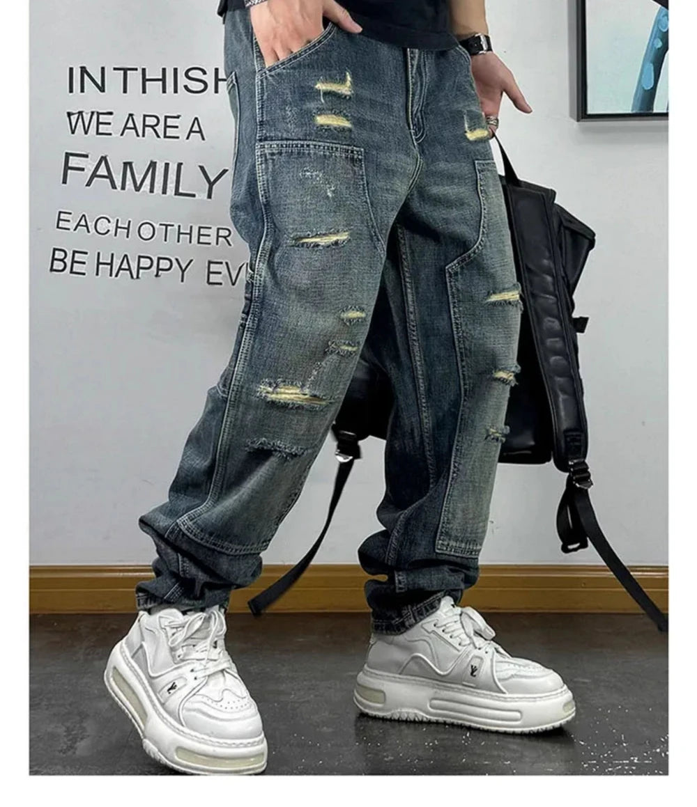 VOIDWEAR VDR_VANISH_05 ☰ ripped patch cargo jeans, distressed midweight denim, loose streetwear silhouette, glyph embroidery