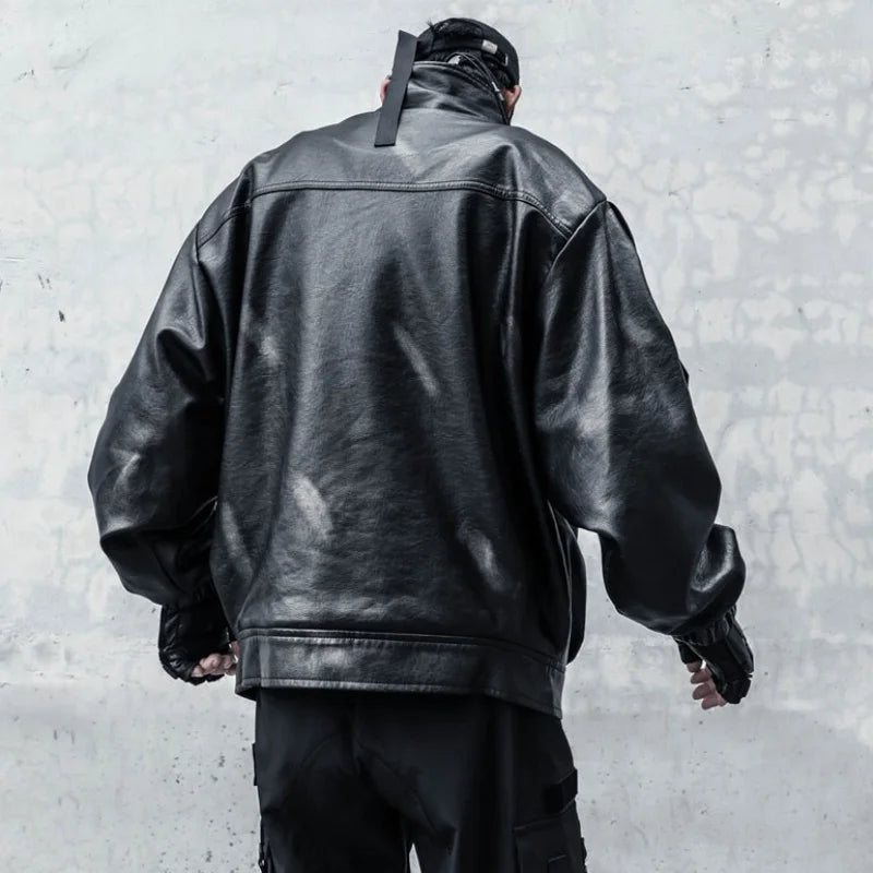 VOIDWEAR VDR_VANISH_09 multi-pocket PU leather tactical jacket in punk techwear style, autumn/winter streetwear silhouette