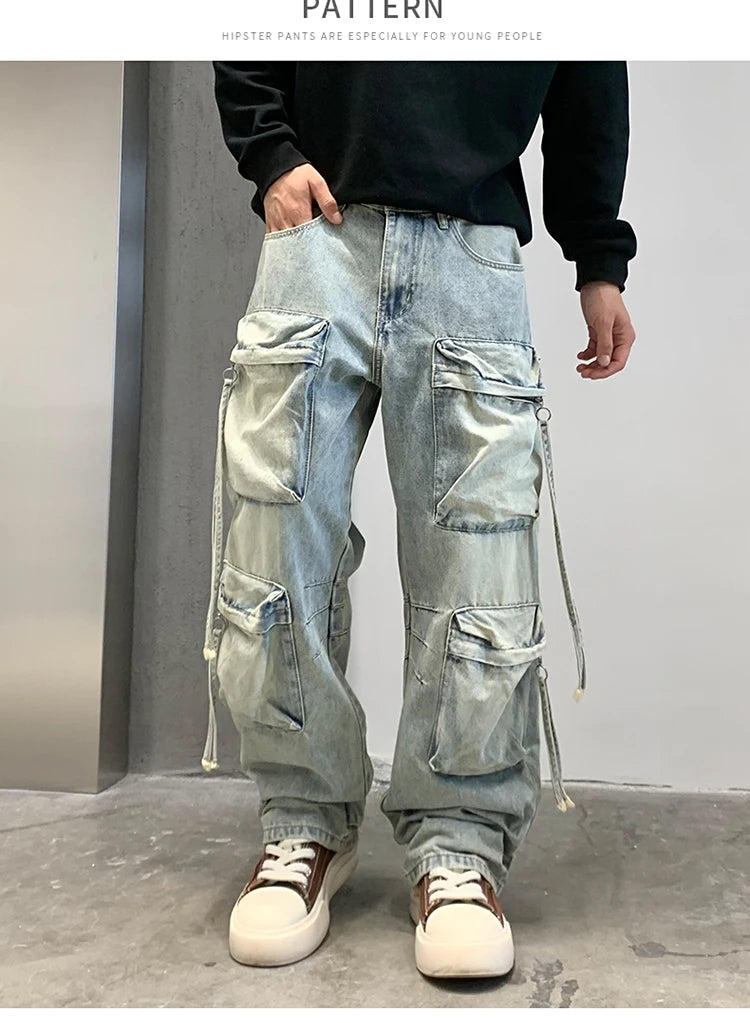 VOIDWEAR SIGNAL_CITY_09 ☰ cargo denim worn in Tokyo side street, multi-pocket structure visible under urban light.