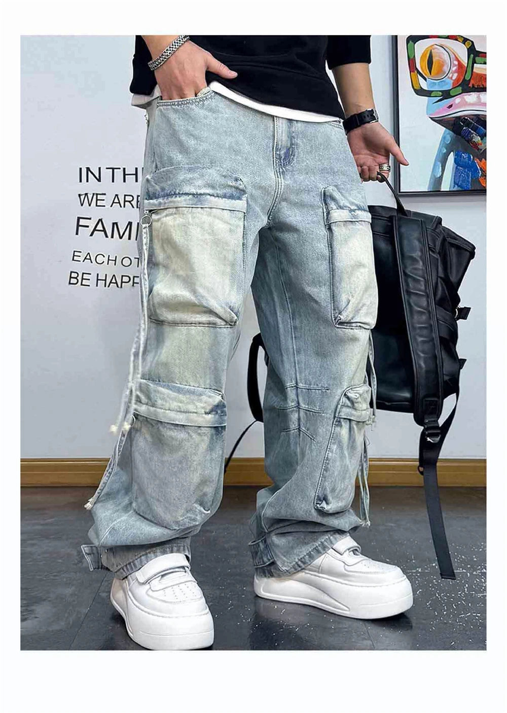 VOIDWEAR VDR_VANISH_06 ⚑ ritual-coded cargo jeans, light distressed wash, oversized stacked streetwear fit