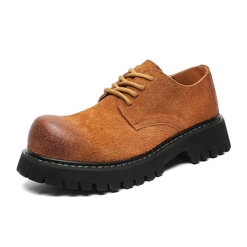 Men’s VOIDWEAR VDR_SIGNAL_03 derby shoes in black leather with thick rubber sole, slip-on design, and ritual-inspired streetwear aesthetic. Brown leather shoe with black sole on a white background