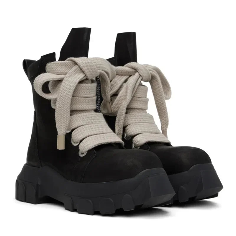 VOIDWEAR VDR_SHADOW_07 ⚑ men’s high-top leather platform boots with chunky sole, handmade in genuine black cow leather for streetwear and techwear style. Black boots with beige laces on a white background