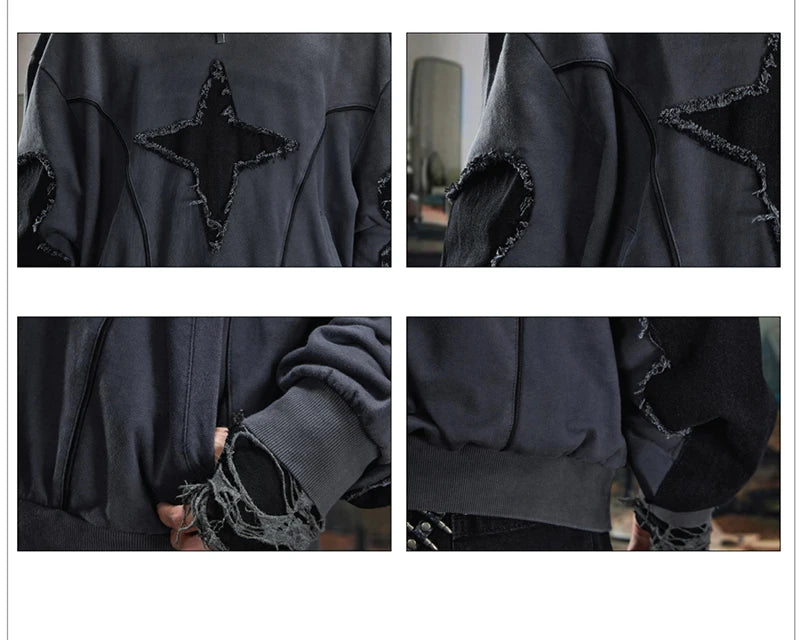 VOIDWEAR SIGNAL_BURR_07 ☰ long sleeve worn in Berlin underpass; star patchwork visible across chest, matte lighting accentuating texture