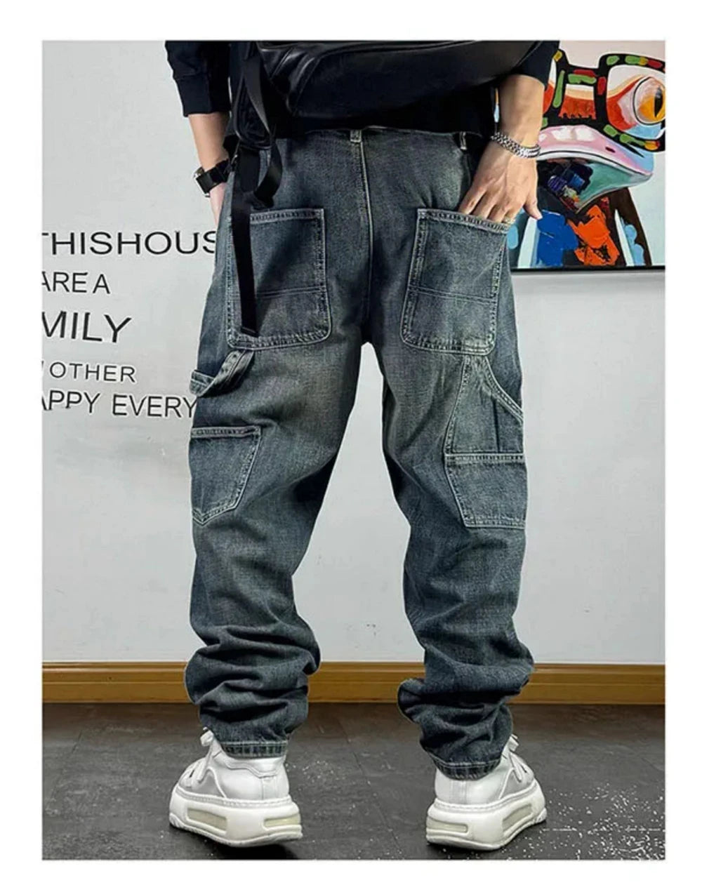 VOIDWEAR VDR_VANISH_05 ☰ ripped patch cargo jeans, distressed midweight denim, loose streetwear silhouette, glyph embroidery