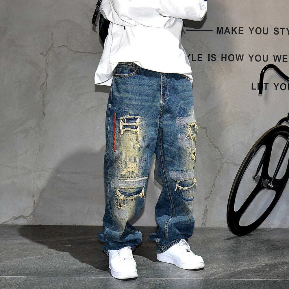 VOIDWEAR VDR_VANISH_05 ☰ baggy ripped patch jeans with distress wash, hip hop fit, ritual-coded glyph embroidery
