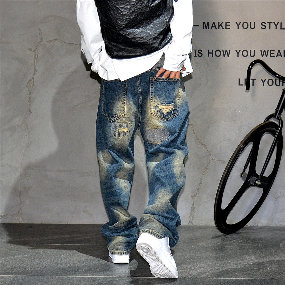 VOIDWEAR VDR_VANISH_05 ☰ baggy ripped patch jeans with distress wash, hip hop fit, ritual-coded glyph embroidery