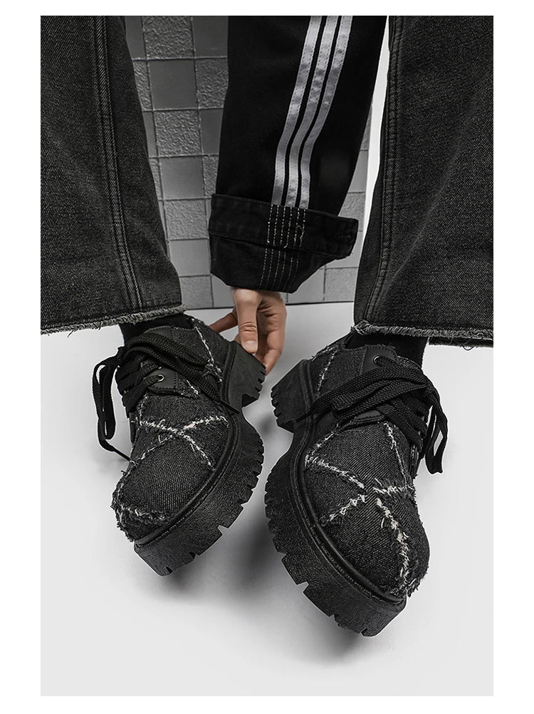 VOIDWEAR SIGNAL_CANVAS_09 ☰ men’s breathable split leather casual shoes in black, slip-on lace hybrid with rubber sole, minimalist ritual-inspired design.