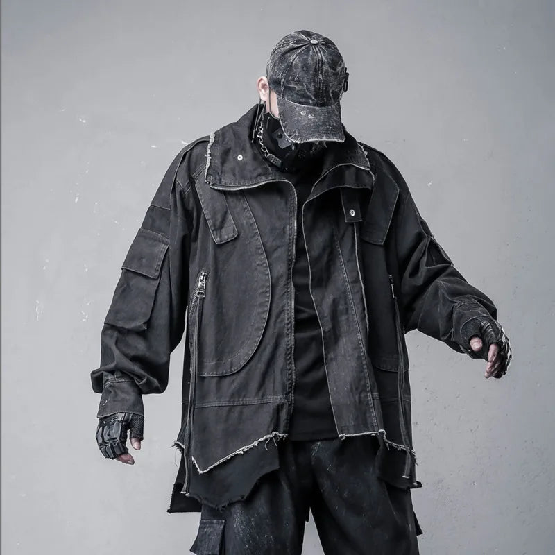 VOIDWEAR VDR_SYSTEM_09 Shadow Jacket — oversized safari-style techwear coat with layered two-piece illusion and ritual-inspired detailing
