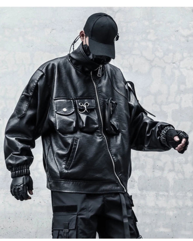 VOIDWEAR VDR_VANISH_09 multi-pocket PU leather tactical jacket in punk techwear style, autumn/winter streetwear silhouette