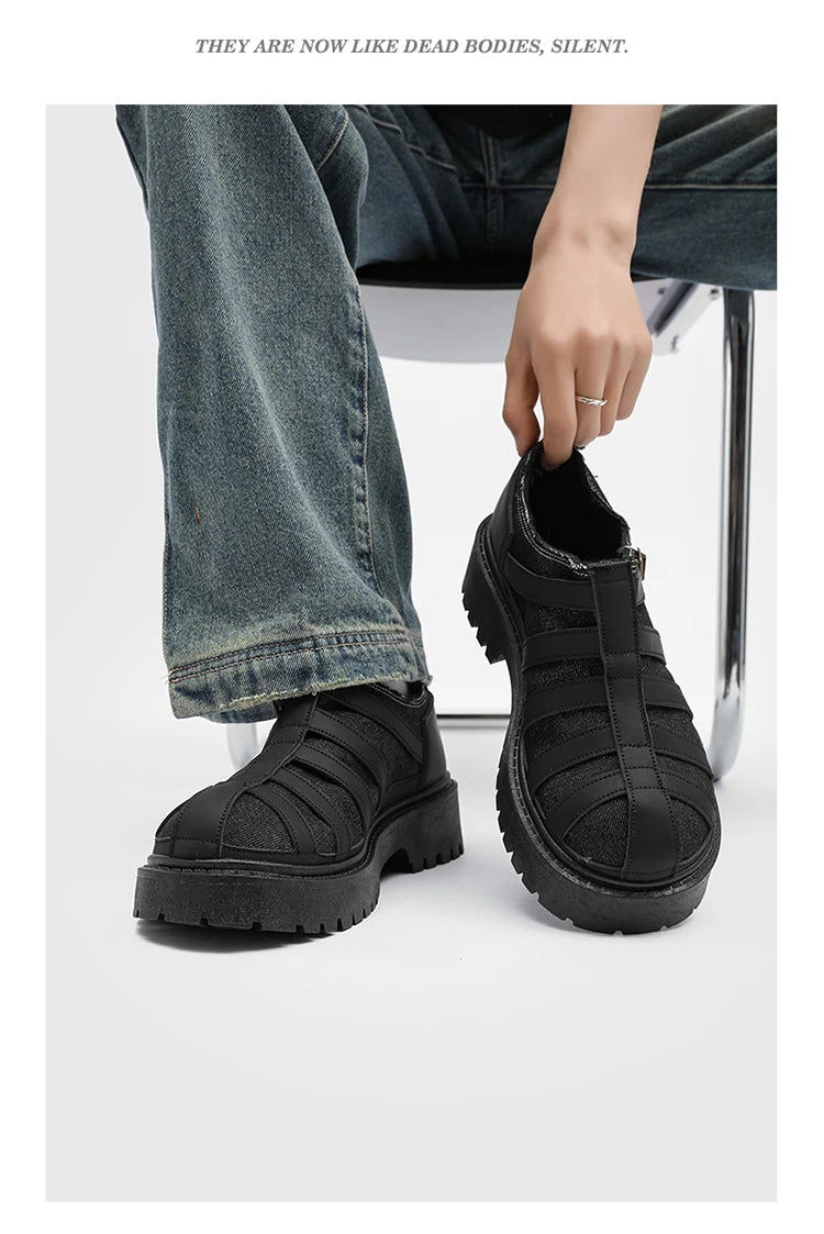 VOIDWEAR SIGNAL_VANISH_12 ☰ men’s split leather casual shoes with stitched upper, rubber sole, and ritual-inspired minimalist design.