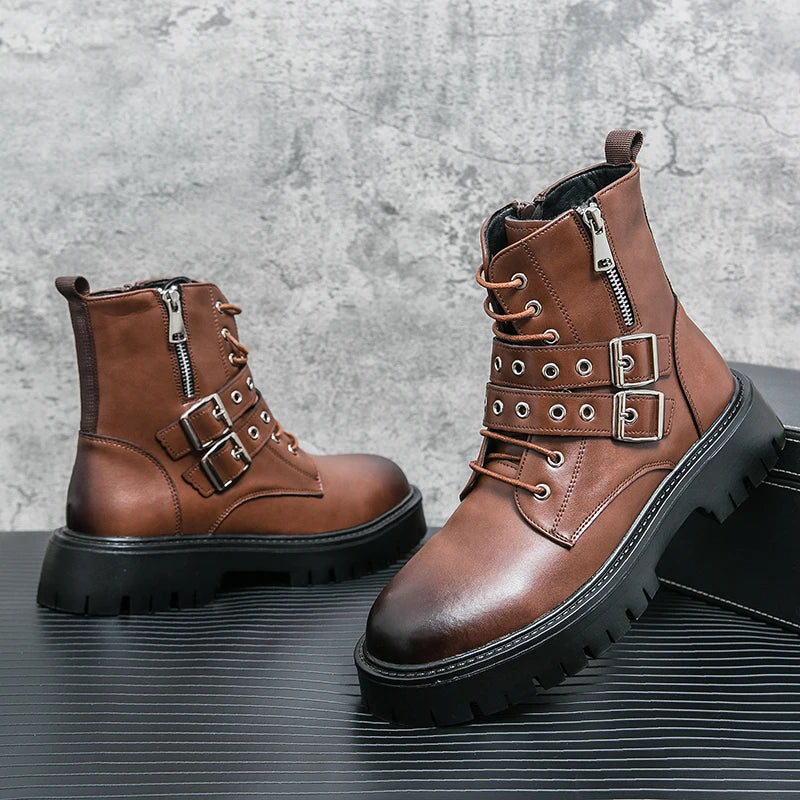 VOIDWEAR SIGNAL_VANISH_07 ☰ Shadow Strider Boots, split leather with EVA sole, winter streetwear for men. Brown leather boots with buckles and zippers on a textured surface