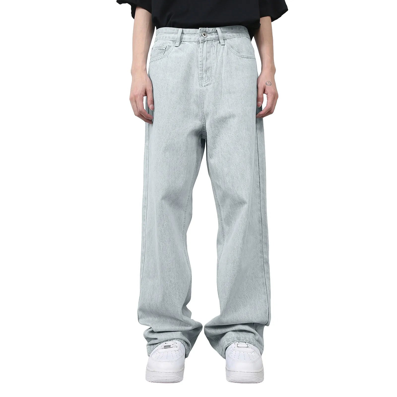 VOIDWEAR VDR_VANISH_01 ☰ hybrid overalls-style baggy jeans, distressed light denim, glyph tab signal detailing, streetwear silhouette