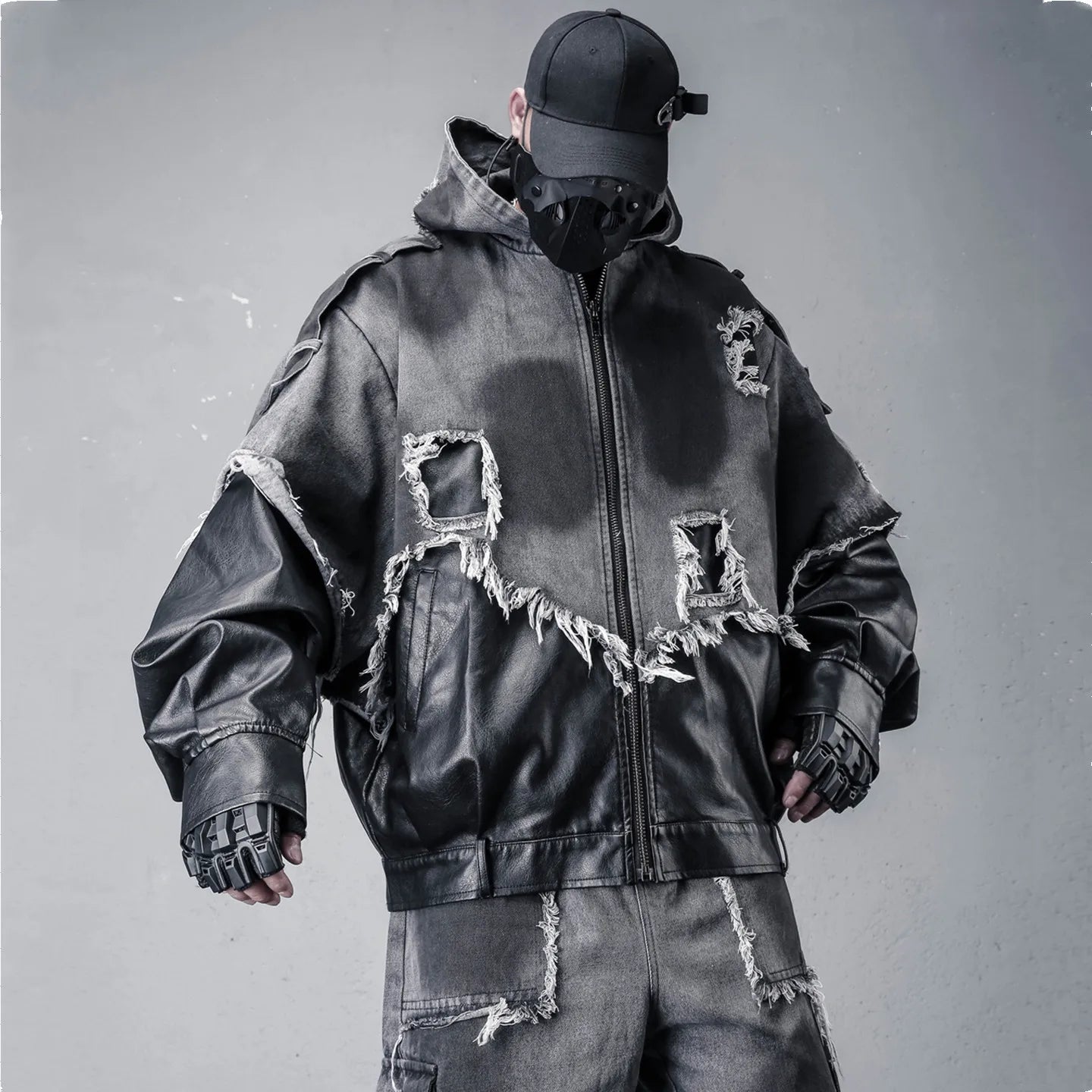 VOIDWEAR VDR_VANISH_05 jacket — ritual-inspired denim and PU leather techwear with vanish-mode hood and shadow-motion design