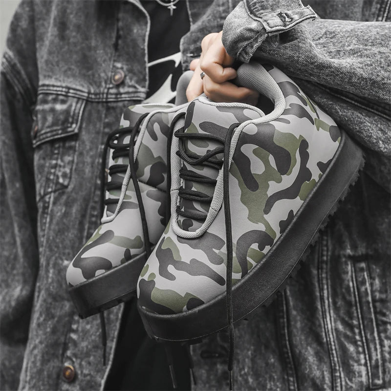 VOIDWEAR CODE_SYSTEM_07 ⚔️ chunky sneaker-style boots shown on a city street in winter, highlighting the microfiber leather upper and thick platform sole.