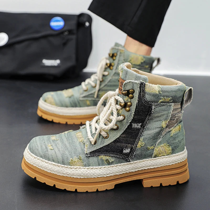 VOIDWEAR SIGNAL_VANISH_07 ☰ men’s black denim and leather ankle boots with lace-up closure, ankle strap, and ritual-inspired streetwear design
