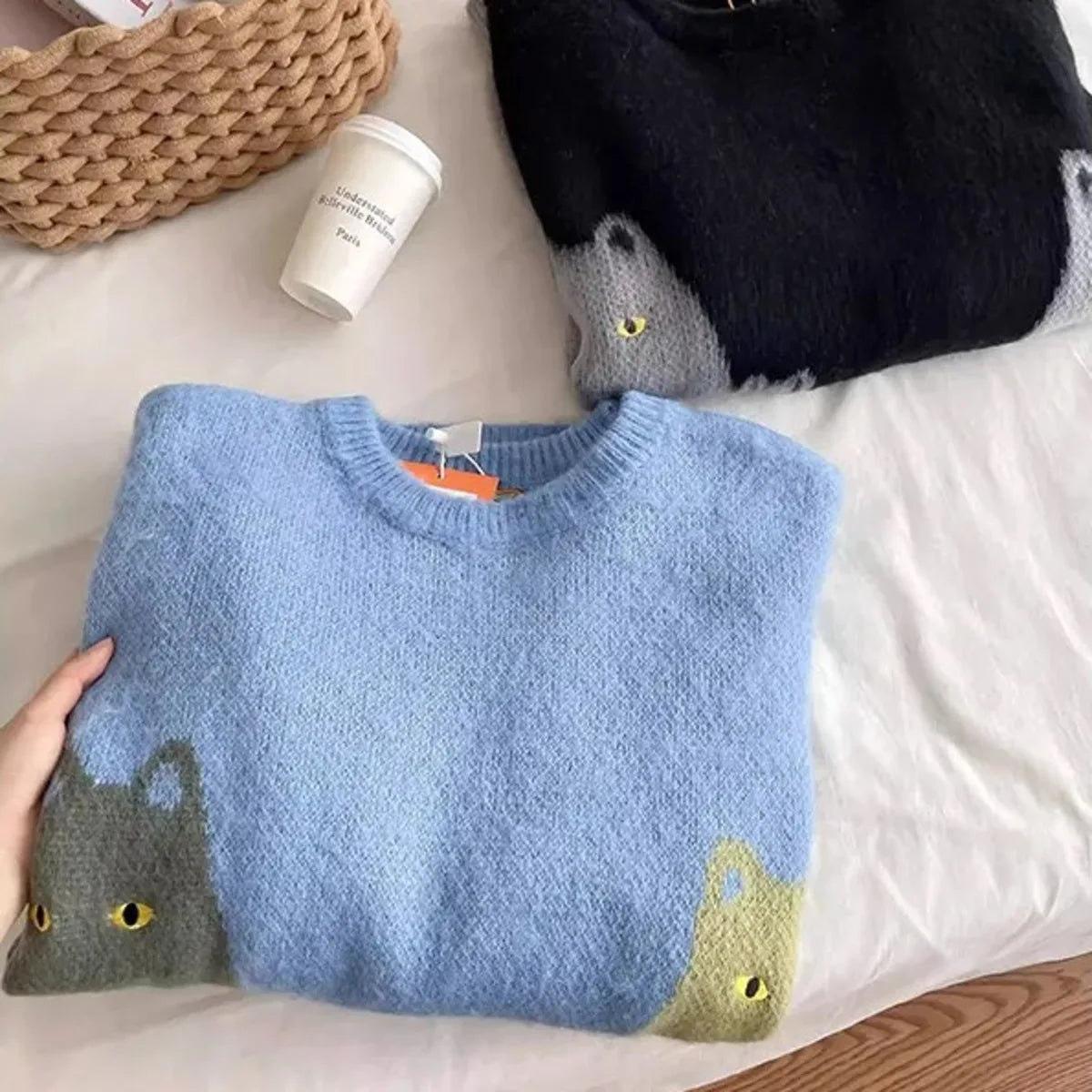 VOIDWEAR SHADOW_CAT_09 oversized knit sweater with cartoon cat graphic and glyph sleeve, streetwear pullover