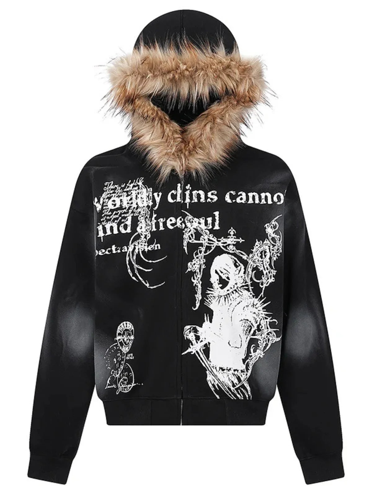 VOIDWEAR VDR05_SILENCE brown tie-dye hoodie with fur collar and embroidered signal glyph, oversized unisex Harajuku streetwear, mid-weight 180gsm — U.S. & EU winter style