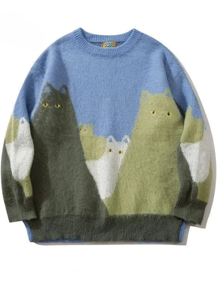 VOIDWEAR SHADOW_CAT_09 oversized knit sweater with cartoon cat graphic and glyph sleeve, streetwear pullover Sweater with cat design on a white background