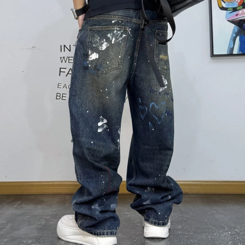 VOIDWEAR VDR_VANISH_05 ☰ graffiti baggy jeans, distressed wash, hand-drawn glyph motifs, loose straight-leg streetwear denim