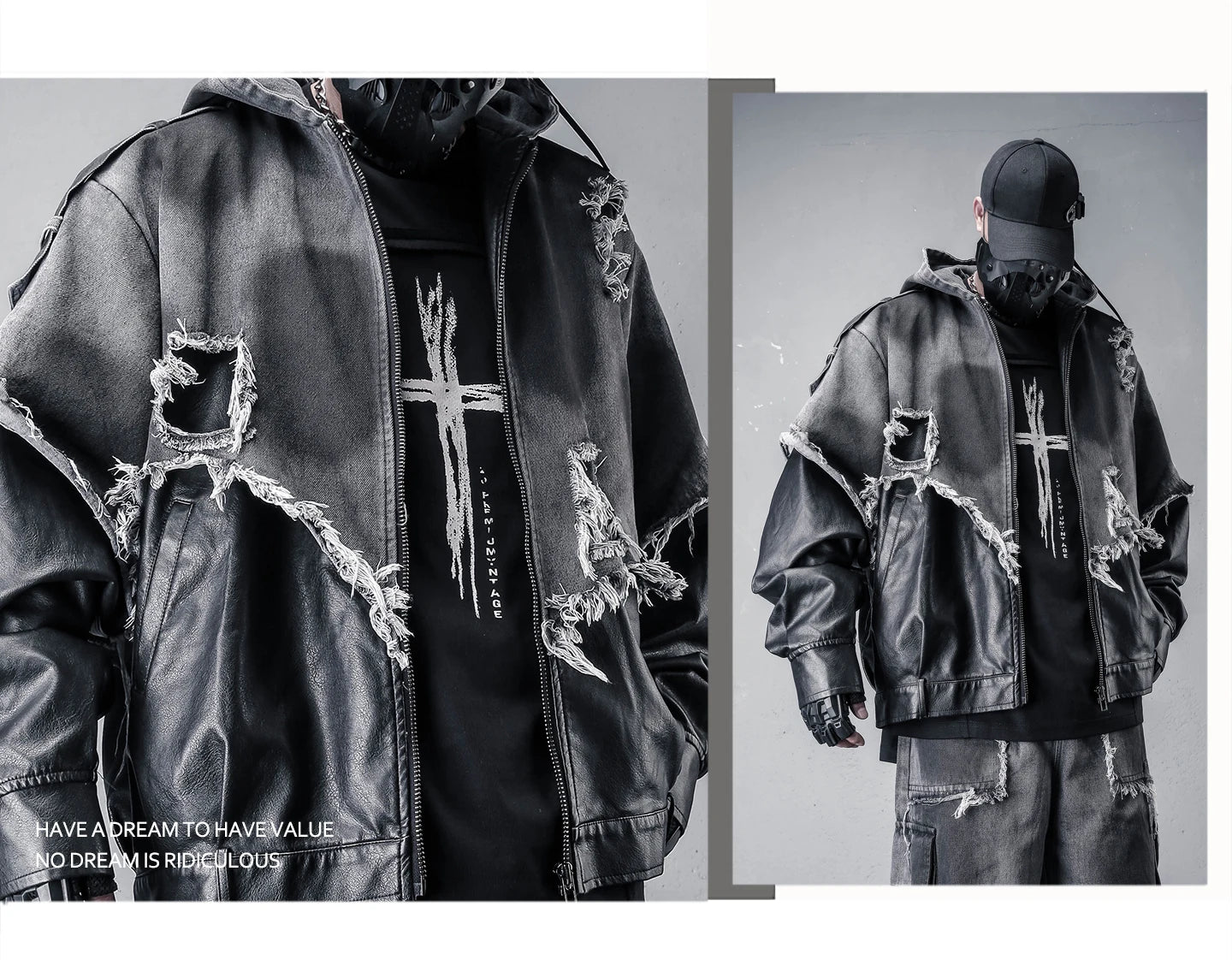 VOIDWEAR VDR_VANISH_05 jacket — ritual-inspired denim and PU leather techwear with vanish-mode hood and shadow-motion design. Black distressed jacket with cross design worn by a person, with a gray background.