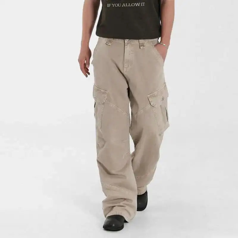 Loose-fit midweight cargo denim jeans with signal glyph embroidery and vanish-mode stitching for men
