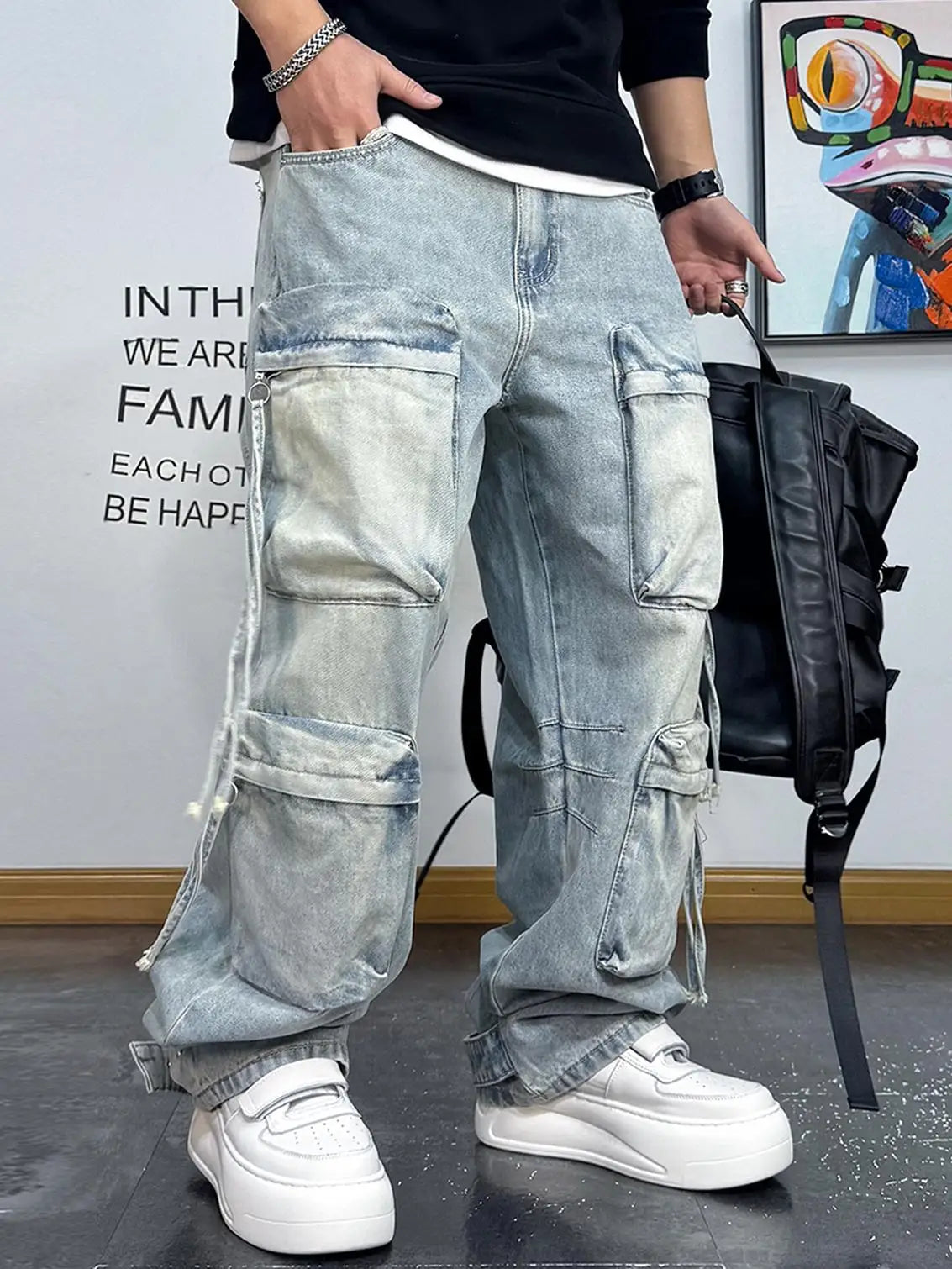 VOIDWEAR VDR_VANISH_06 ⚑ ritual-coded cargo jeans, light distressed wash, oversized stacked streetwear fit