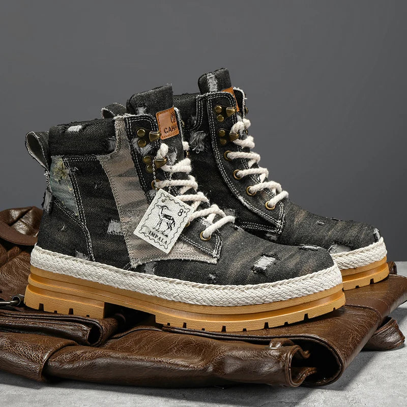 VOIDWEAR SIGNAL_VANISH_07 ☰ men’s black denim and leather ankle boots with lace-up closure, ankle strap, and ritual-inspired streetwear design