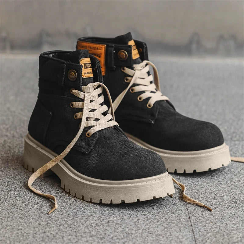 VOIDWEAR SIGNAL_VANISH_12 ☰ handmade men’s denim ankle boots with lace-up closure, pigskin insole, and shadow-coded streetwear design