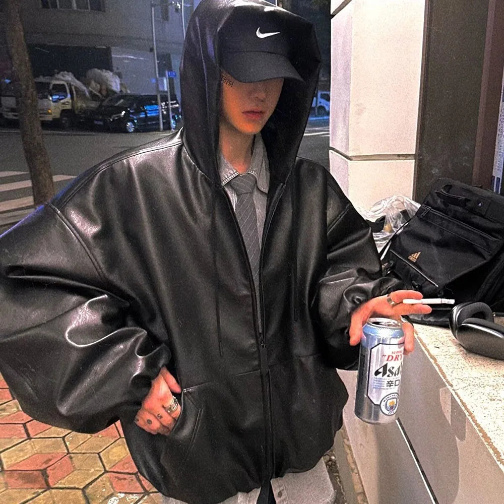 VOIDWEAR SIGNAL_VANISH_06 ☰ windbreaker shown in Tokyo night alley, matte black PU texture visible, signal glyph reflected under neon