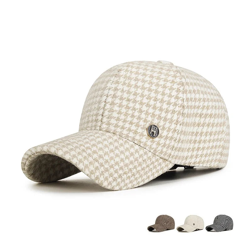 VOIDWEAR SIGNAL_SHADOW_07//◐ houndstooth plaid baseball cap with diamond label insignia and adjustable strap, styled in urban U.S. winter setting.