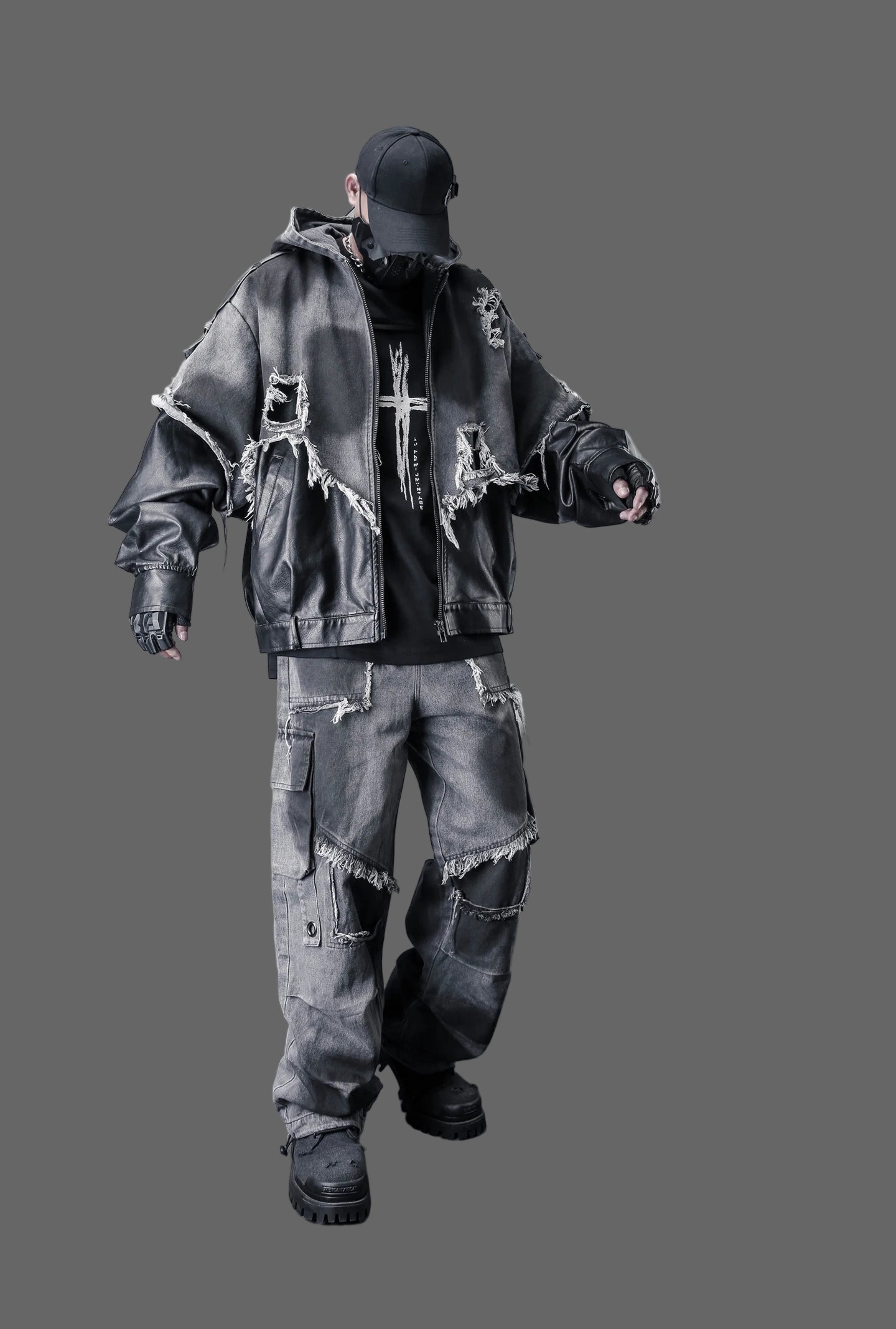 VOIDWEAR VDR_VANISH_05 jacket — ritual-inspired denim and PU leather techwear with vanish-mode hood and shadow-motion design