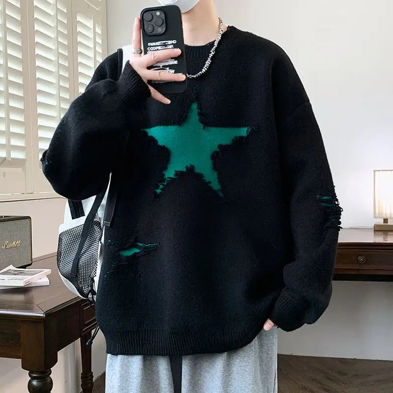 VOIDWEAR SIGNAL_AETHER_07 ☰ five-star knit sweater worn in Tokyo night street; geometric pattern glowing under neon light