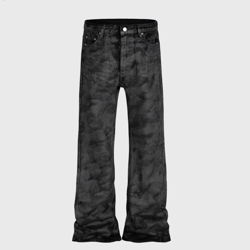 VOIDWEAR SIGNAL-FLARE_05 ☰ waxed black flare denim, symbolic coded jeans – men’s streetwear Europe & USA