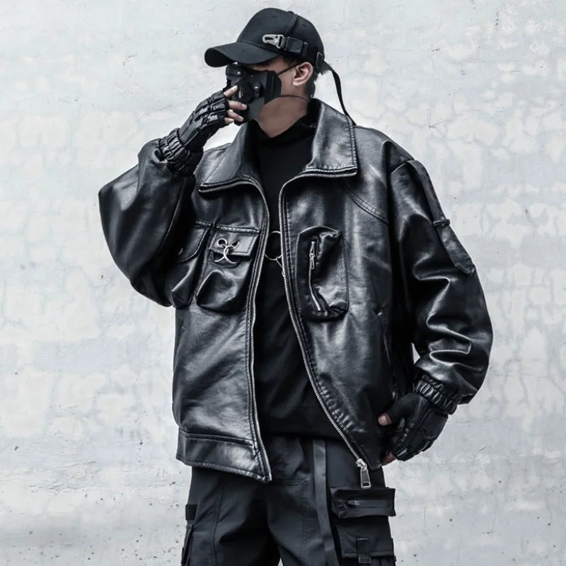 VOIDWEAR VDR_VANISH_09 multi-pocket PU leather tactical jacket in punk techwear style, autumn/winter streetwear silhouette