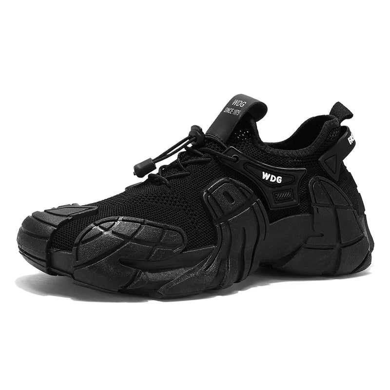 Black sneakers with unique sole design on a white background