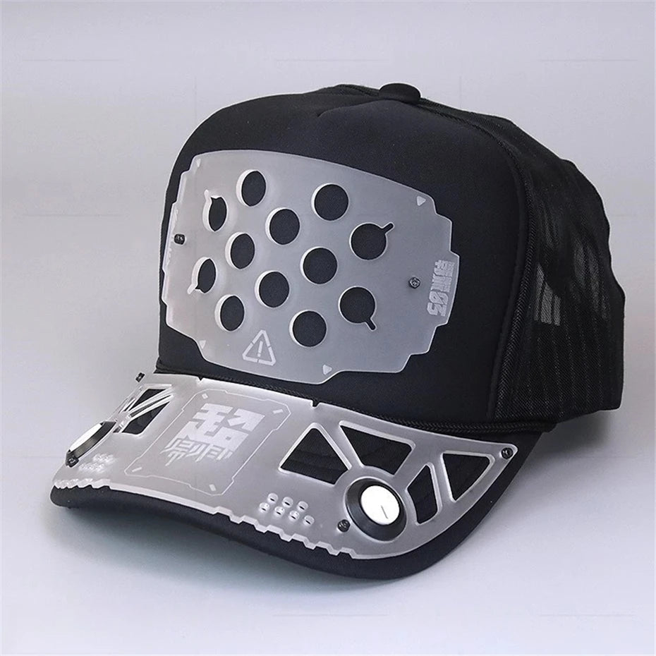 VOIDWEAR VDR_VANISH_09 nylon techwear cap, unisex tactical streetwear hat for all-season urban motion and ritual-inspired styling.. Black cap with transparent face shield on a white background